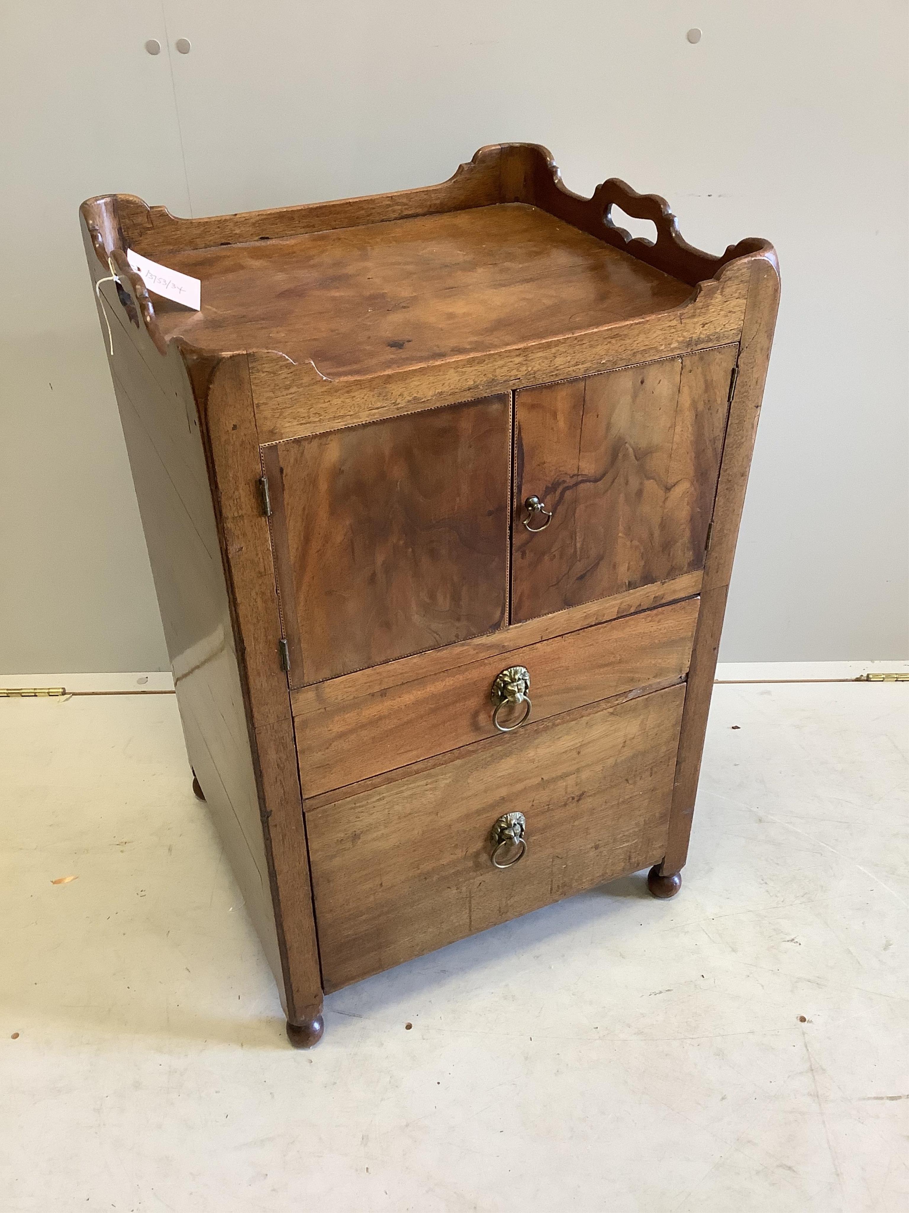 A Georgian mahogany tray top commode now converted with drawer and cupboard, width 50cm, depth 45cm, height 80cm